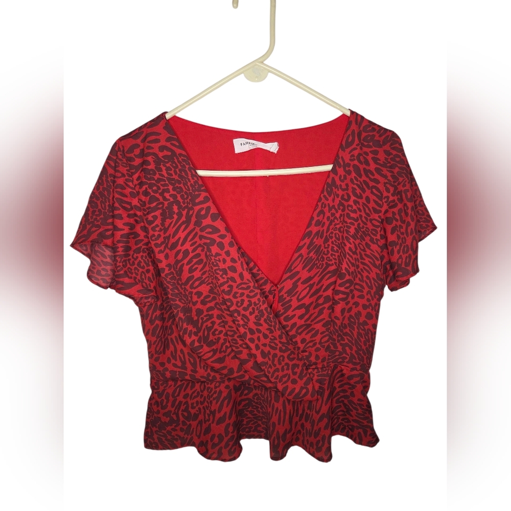 Fame and Partners Red The Laura Wrap Blouse Flutter Sleeves Size 10